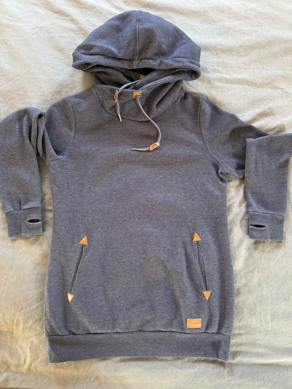 Volcom women’s heathered blue true to this cowled hoodie